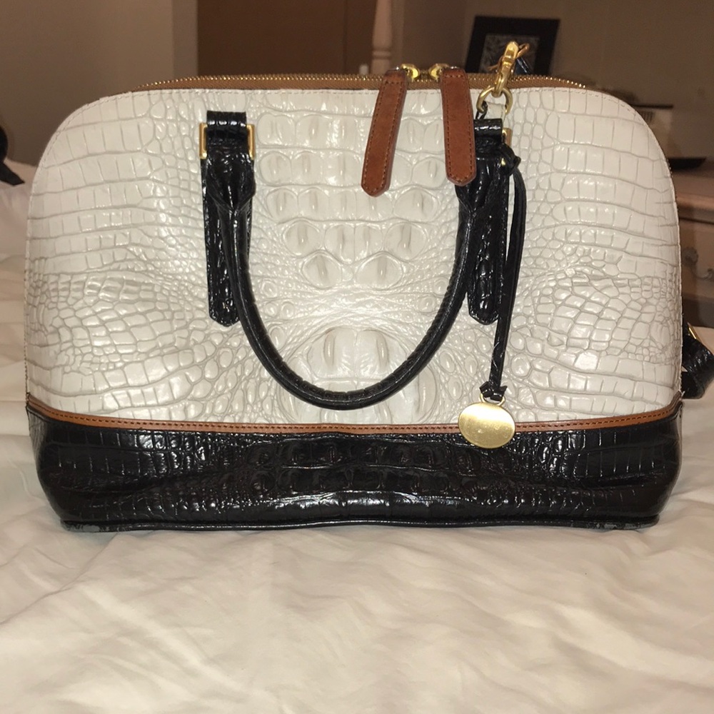 Brahmin Black, White, & Brown Vivian Dome Satchel